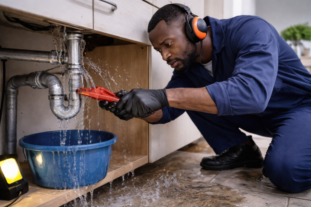 Emergency plumber in Kraaifontein repairing burst water pipe and flooding