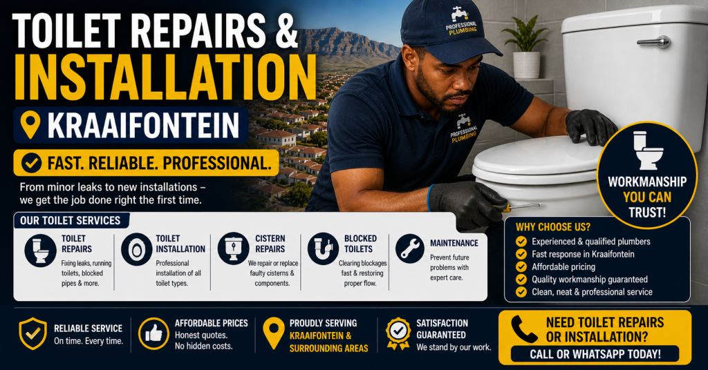 A plumber repairing and installing a toilet in a residential home in Kraaifontein